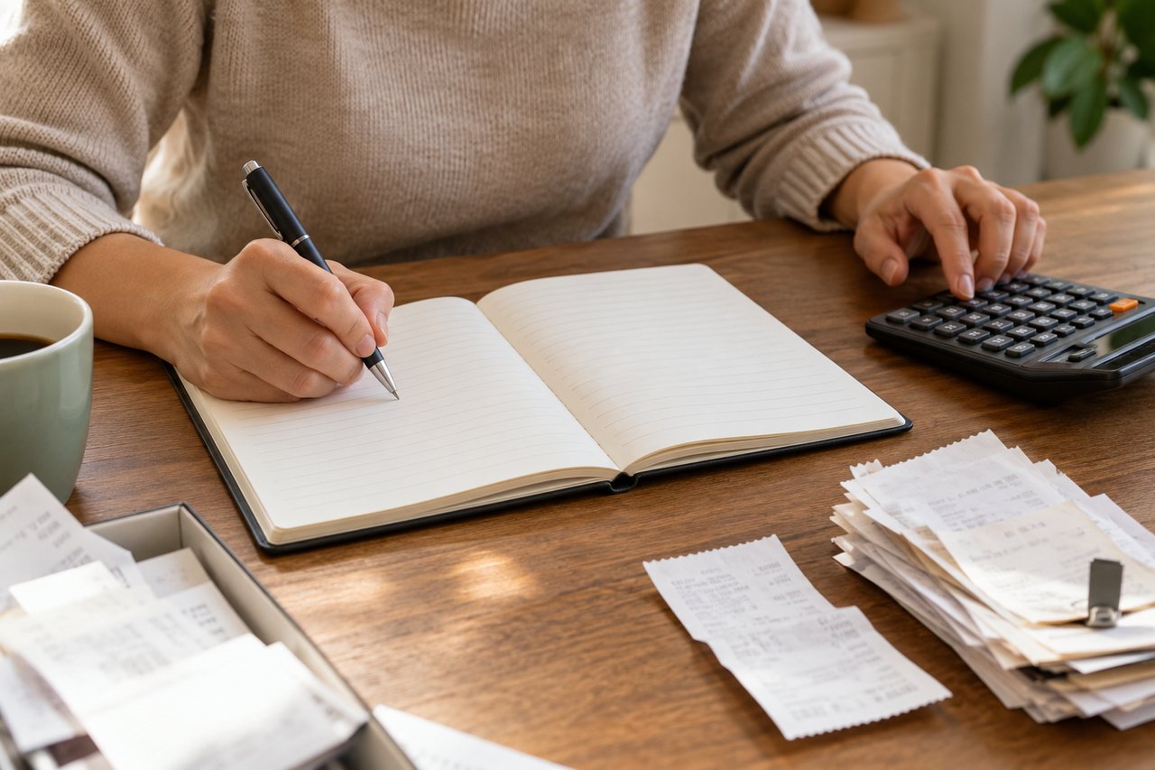 Pessoa adulta com caneta sobre um caderno pautado aberto, calculadora e recibos organizados em uma mesa de madeira.