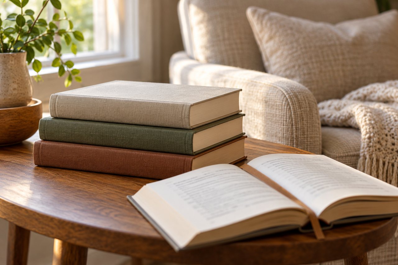 Três livros de capas lisas empilhados e um livro aberto com marcador sobre uma mesa ao lado de uma poltrona.
