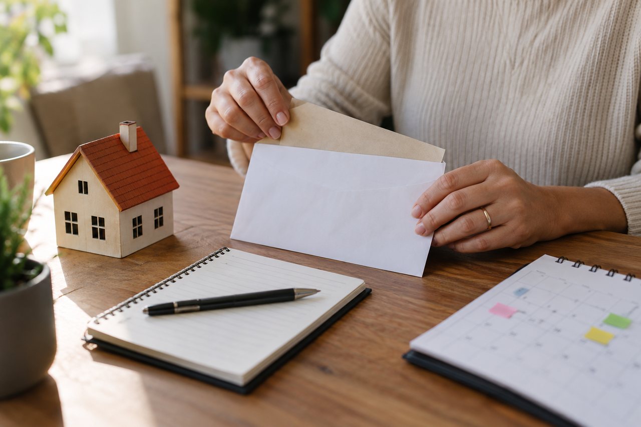 Mãos adultas segurando um envelope ao lado de uma pequena casa de madeira, caderno e calendário.