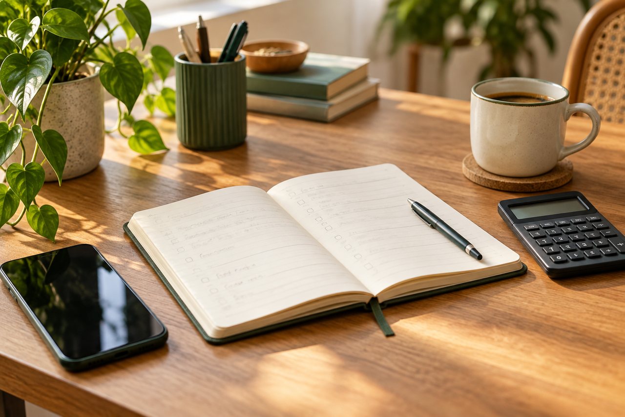 Mesa com caderno, calculadora e celular para planejar o orçamento doméstico.