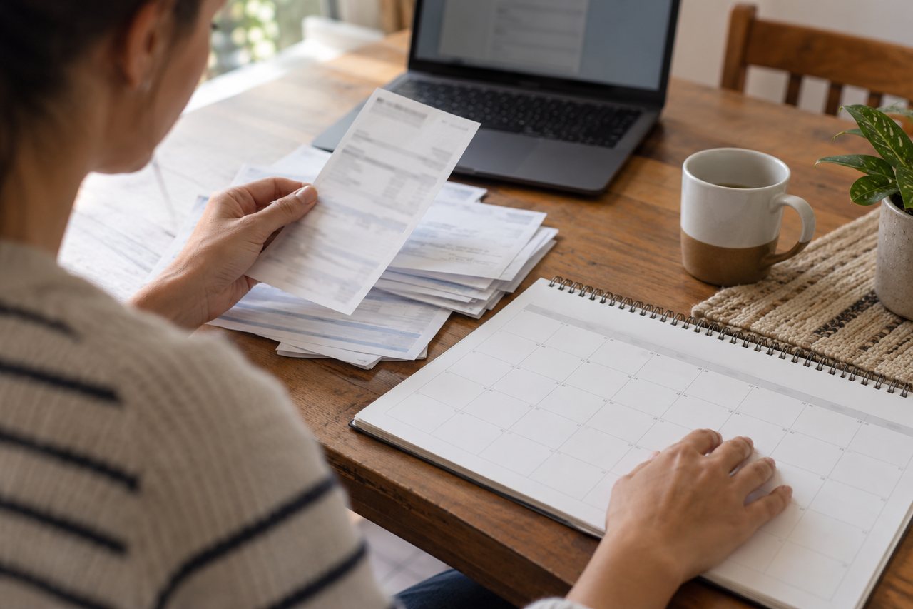 Pessoa adulta organizando papéis de pagamento ao lado de um calendário aberto, com notebook e caneca sobre mesa de madeira.